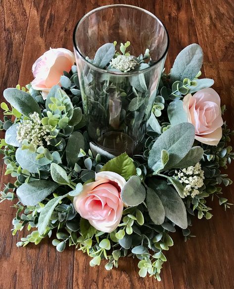 Wreath Table Centerpiece, Round Table Centerpieces Wedding, Round Table Centerpieces, Eucalyptus Centerpiece, Frosted Eucalyptus, Table Centerpiece Wedding, Pastel Garden, Candle Wreath, Candle Centerpiece