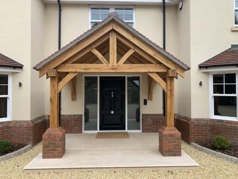 Front Porch Canopy Ideas, Timber Porch, Lantern Roof Light, Oak Porch, Rendered Houses, Timber Frame Porch, Front Door Canopy, House Front Porch, Timber Roof