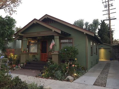 Brown House With Green Trim, Green House Red Trim, Green And Brown House Exterior, Green House Brown Trim, House With Brown Trim, Green House Black Trim, Sage Green Exterior House Colors, Green Siding House, Light Green House