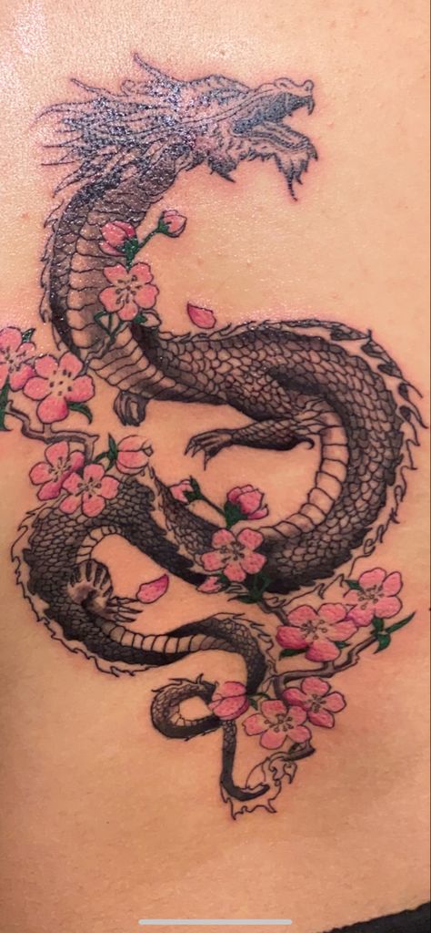 Chinese Dragon Cherry Blossom Tattoo, Sketchbook Idea, Chinese Dragon Tattoos, Dragon Tattoos, Blossom Tattoo, Cherry Blossom Tattoo, Chinese Dragon, Creative Tattoos, Rose Tattoos