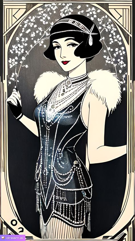 Art Deco Ladies Image 1920s, 1920s Inspired Art, 1920 Showgirl, Art Deco Era Fashion, 1920 Female Fashion, 1920s Fashion Drawing, 20s Drawing, 1920s Drawing, Art Deco Fashion 1920s