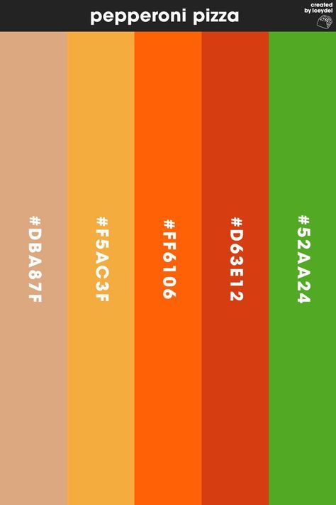 Pepperoni Pizza inspired colour palette. Providing valuable a colour palette which can be used to colour different designs, whether that be logos, illustrations or related branded content. (Created by Iceydel - Graphic Designer & Illustrator) Colour Palette For Food Brand, Pizza Colour Palette, Pasta Color Palette, Food Color Scheme, Food Logo Color Palette, Pizza Color Palette, Fast Food Color Palette, Food Brand Color Palette, Food Colour Palette