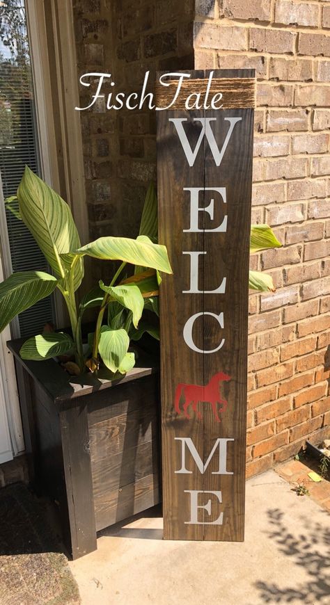 "Our wide five foot welcome sign (the biggest and widest we offer) with the horse symbol is a perfect way to show your love of the farm on your porch!  We can do any symbol, just send us a message or list it in the \"Add your personalization\" box under the drop down menus. *Leave any specific style choices in the \"Add your personalization\" box under the drop down menus. Option 1: The sign itself is painted and the symbol shows the stain.  Option 2: The symbol is painted and the rest of the si Horse Welcome Sign, Horse Symbol, Large Shutters, Beach Porch, Welcome Wood Sign, Nautical Signs, Horse Sign, Board Painting, Wooden Welcome Signs