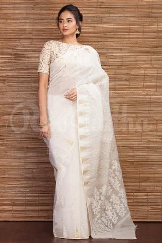 Cotton Dhakai Jamdani Saree White Dhakai Jamdani Saree, White Saree Look For Wedding, White Jamdani Saree Look, Jamdani Saree Bangladeshi, Rekha Saree, Dhakai Saree, Kanchipuram Pattu Sarees, Saree White, Material Studies