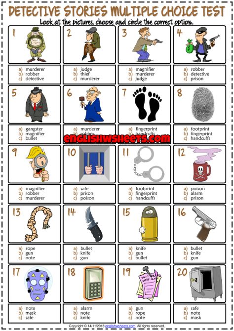 A simple and easy ESL printable multiple choice tests with pictures for kids to evaluate their knowledge of detective stories vocabulary. Look at the pictures, choose and circle the correct option. Debate Writing, Past Tense Worksheet, Learn Reading, Multiple Choice Test, Test For Kids, Missing Letters, Mystery Writing, Detective Stories, Kid Detectives