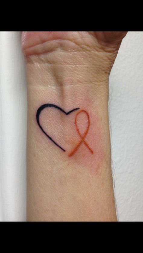 Heart with orange ribbon Orange Ribbon Tattoo, Multiple Sclerosis Tattoo, Aunt Tattoo, Purple Ribbon Tattoos, Pink Ribbon Tattoos, Brain Tattoo, Awareness Tattoo, Ribbon Heart, Ribbon Tattoos