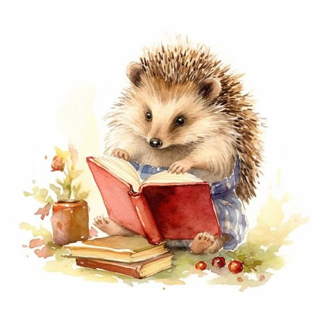 Hedgehog Reading A Book, Reading Photos, Hedgehog Tattoo, Hedgehog Book, Animals Reading, Reading Pictures, Hedgehog Art, Cute Hedgehog, Tile Inspiration