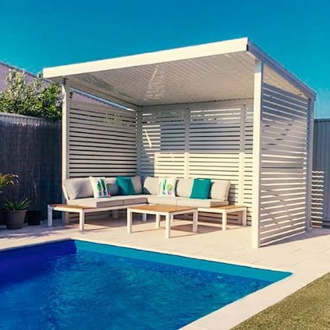 Cabana Ideas Backyard Poolside, Cabana Ideas Backyard, Cabana Poolside, Pool Cabana Ideas, Pool And Pool House Ideas, Slat Fencing, Patio Decking, Pool Gazebo, Pool Cabanas