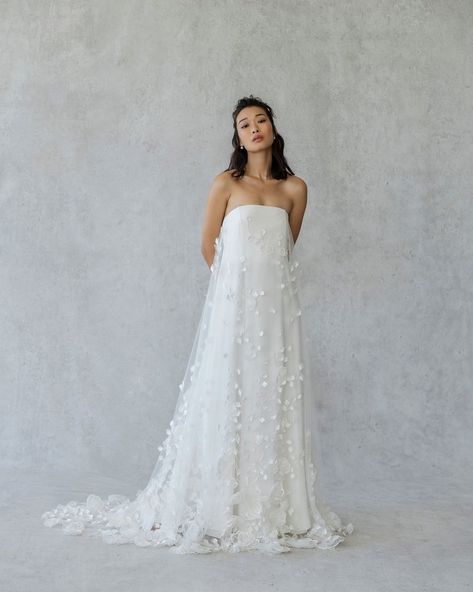 Alexandra Grecco Strapless Textured Wedding Dress, Alexandra Grecco Bridal, Wedding Dresses Whimsical, Alexandra Grecco, Floral Overlay, Occasion Dresses Wedding, Floral Gown, Summer Wedding Dress, Long Sleeve Wedding