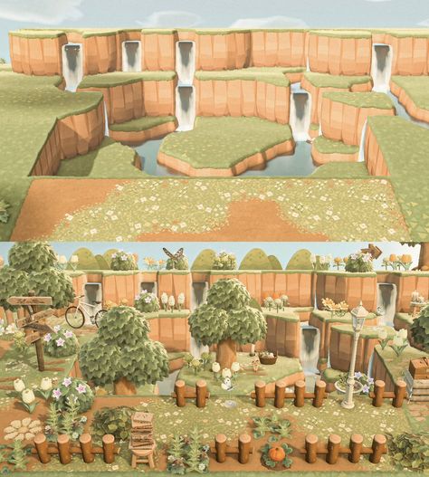 Acnh Natural Island Entrance, Acnh Island Designs Farmcore, Waterfall Entrance Animal Crossing, Acnh Cottagecore Island Map, Meow Animal Crossing, Acnh Inspo Town, Acnh Terraforming Ideas Map, Achn Ideas Entrance, Acnh Waterfall Entrance