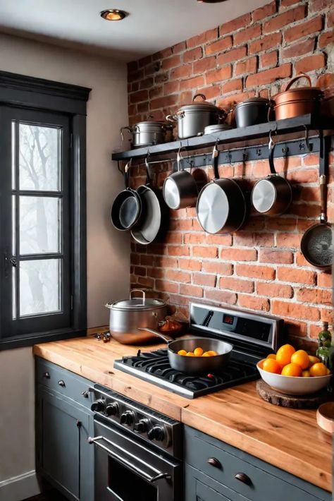 Exposed brick rustic kitchen Brick Wall In The Kitchen, Red Brick Kitchen Ideas, Brick Wall In Kitchen, Unique Wall Treatments, Red Brick Kitchen, Kitchen With Brick Wall, Exposed Brick Kitchen, Brick Wall Kitchen, Brick Kitchen Backsplash