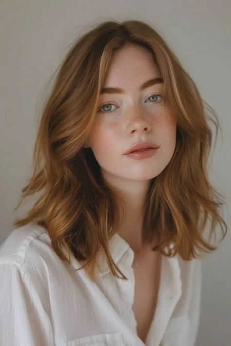 Medium Length Haircut Strawberry Blonde, Strawberry Blonde Hazel Eyes, Natural Red Hair With Brown Lowlights, Low Lights For Red Hair Redheads, Fall 2025 Hair Trends, Soft Autumn Red Hair, Shoulder Length Ginger Hair, Medium Length Auburn Hair, Soft Autumn Hair Color Ideas