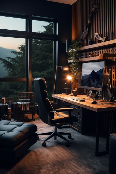 Moody Gamer Room, Home Office Minimalist Workspace, Dark Blue Office Aesthetic, Home Office Masculine Modern, Mens Small Office, Dark Industrial Office, Industrial Room Aesthetic, Nature Pc Setup, Cool Office Ideas For Men