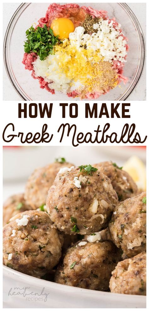 greek meatballs recipe Greek Meatballs With Feta, Greek Pork Meatballs, Baked Greek Meatballs, Beef In The Oven, Chicken Thigh Dinner, Dinner Idea Easy, Feta Meatballs, Sausage Meatballs Recipes, Greek Meatballs Recipe