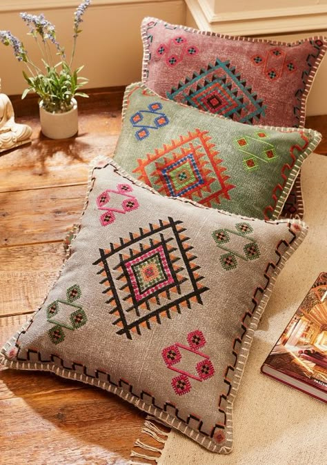 Satara embroidered stone wash cushion cover | Cushions & Cushion Covers | Home Furnishings | Namaste Fair Trade | Namaste-UK Ltd Embroidered Cushion Covers, Square Cushion Cover, Small Cushions, Geometric Embroidery, Embroidered Cushions, Indian Embroidery, Stationery Craft, Cushion Pads, Rag Rug