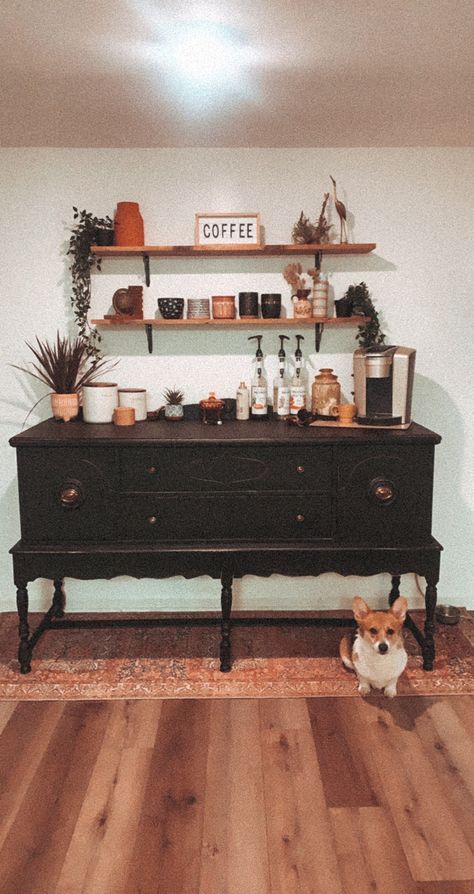 Coffee bar, buffet Modern Coffee Bar Ideas Apartment, Vintage Buffet Coffee Bar, Buffet Coffee Station, Buffet Bar Decor, Dinning Room Coffee Bar Buffet, Coffee Bar Ideas Using An Old Dresser, Buffet To Bar Makeover, Vintage Modern Coffee Bar, Antique Buffet Coffee Bar