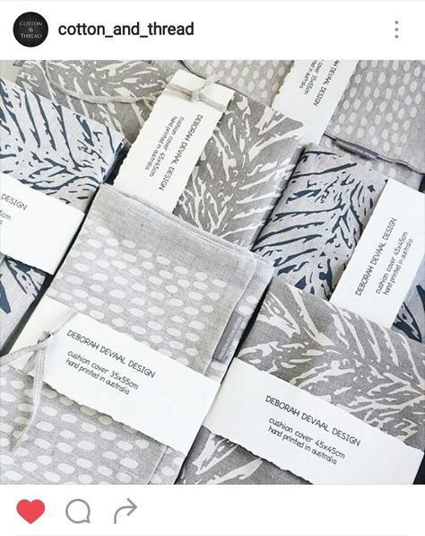 Lovely prints, but importantly a really interesting packaging idea for cushion covers Cushion Packaging Ideas, Interesting Packaging, Packaging Idea, House Color Palettes, House Color, Packaging Ideas, Lovely Print, Cotton Thread, Sewing Ideas