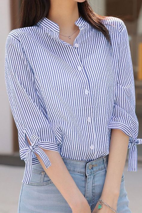 Fashion outfits - Stripe Print Tie-up At Cuffs Button Stand Collar Blouse White Chiffon Blouse, Hijab Outfit Ideas, Stand Collar Blouse, Plaid Shirt Women, Kaftan Designs, Woman Shirt, Shirt Blouses Women's, Ideas For Sewing, Shirts Women Fashion