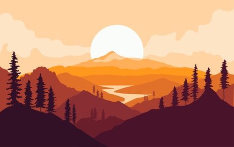 Autumn Mountains, Business And Advertising, Landscape Silhouette, Sunrise Mountain, Forest Silhouette, Mountain Silhouette, Mountain Background, Mountain Illustration, Free Psd Files