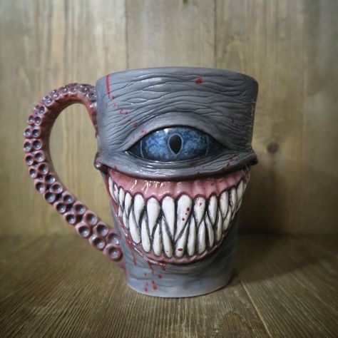 Goth Ceramics, Gothic Mugs, Monster Mugs, Monster Mug, Ceramic Monsters, Clay Monsters, Sculpture Art Clay, Ceramic Inspiration, Clay Mugs