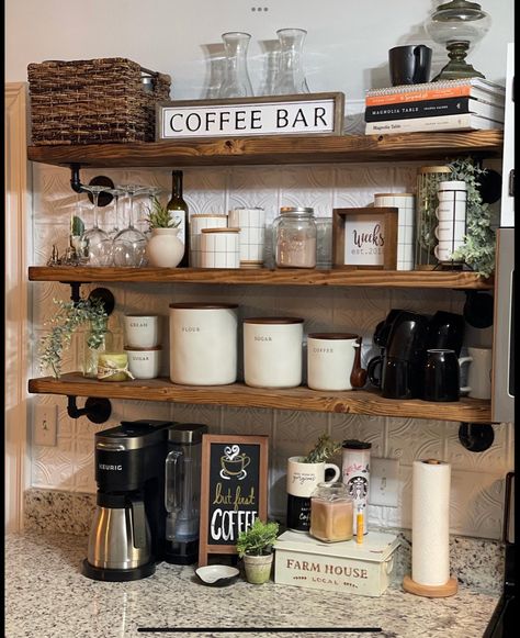 Open Shelving Coffee Station, Kitchen Open Shelving Coffee Bar, Coffee Shelf Ideas Open Shelving, Open Shelving Above Coffee Bar, Coffee Bar Open Shelves, Coffee Bar Open Shelving, Shelves Above Coffee Bar, Open Shelf Coffee Bar, Coffee Bar With Shelves