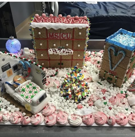 Gingerbread Hospital Ideas, Hospital Gingerbread House Ideas, Medical Gingerbread House Ideas, Gingerbread House Hospital Theme, Hospital Gingerbread House, Gingerbread Hospital, Gingerbread House Contest Ideas, Gingerbread Contest, Gingerbread House Contest