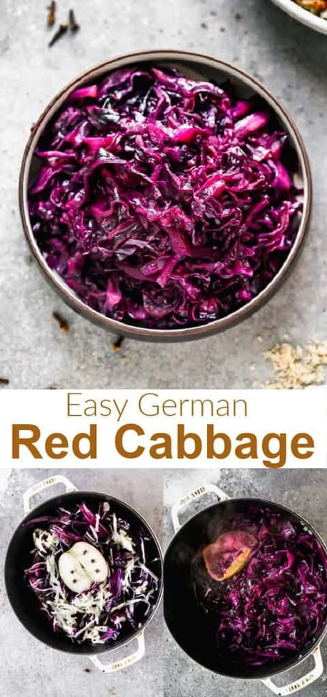 This simple German Red Cabbage (Rotkohl) recipe is as traditional as it gets and never absent at German festivals or restaurants. Made with shredded cabbage, brown sugar, vinegar, apple and cloves. via @betrfromscratch Red Caggabe Recipe, German Cabbage Recipes, Shabbat Breakfast, Ancestral Kitchen, German Red Cabbage Recipe, Red Cabbage Apple, Purple Cabbage Recipes, Cooked Red Cabbage, German Red Cabbage