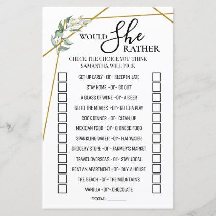 Eucalyptus Would She Rather shower biingual game - shower gifts diy customize creative Would She Rather Game, Would She Rather, Sunflower Bridal Shower, Wedding Shower Games, Gold Bridal Showers, Shower Supplies, Geometric Wedding, Paper Sheet, Paper Airplanes