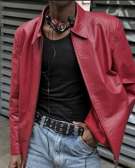 Red Aesthetic Clothes Men, Style Leather Jacket Man, Red Vintage Outfits Men, Leather Jacket Distressed, Mens Red Leather Jacket, Red Outfit Inspo Men, Black And Red Men Outfit, Red Outfits Men Aesthetic, Red Leather Jacket Outfit Men