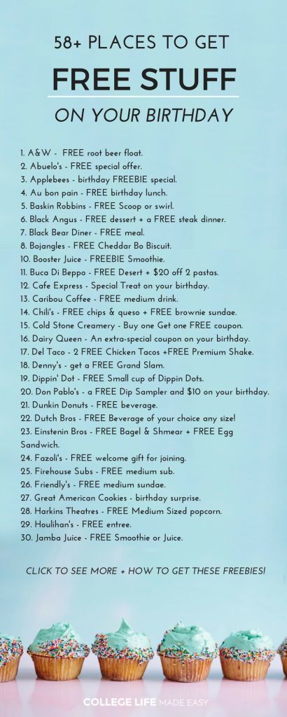 Free Stuff on Your Birthday | List of Birthday Freebies for Adults | Where to Get Free Stuff for Your Birthday  via @esycollegelife Best Birthday Food Ideas, Free Food For Birthday, Stuff For Birthday List, Birthday Ideas To Go Out, Places To Get Free Food On Your Birthday, Places To Go Out To Eat For Your Birthday, Where To Go For Your Birthday Ideas, Free Things To Get On Birthday, Things To Do For 23rd Birthday