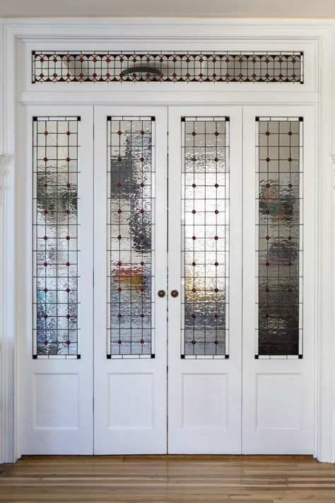 Glass Door To Office, Glass Window Art Front Door, Cottage Glass Doors, Stained Glass Divider, Victorian Glass Doors Interior, Stained Glass Office Doors, Stained Glass Door Vintage, Antique Glass Doors, Stained Glass Closet Doors