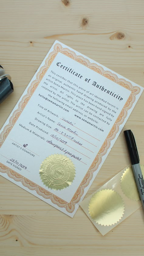 Certificate Of Authenticity For Artwork, Art Certificate Of Authenticity, Certificate Of Authenticity Art Template, Certificate Of Authenticity Design, Art Certificate Design, Certificate For Project, Certificate Of Authenticity Art, Diy Certificate, Painting Clothing