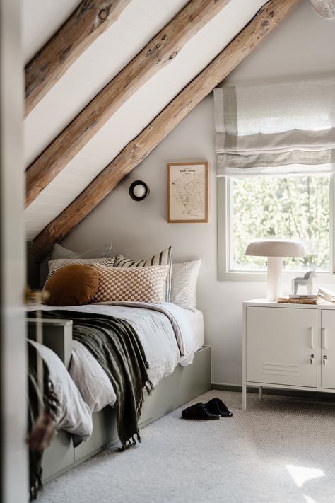 Modern Farmhouse Edition Sneak Peek — Adore Home Magazine Modern Country Style Bedroom, Attic Bedroom Beams, Bedroom In The Attic, Modern Farmhouse Attic Bedroom, Bedroom Beams, Hygge Attic Bedroom, Swedish Home, Modern Farmhouse Kids Bedroom, Wooden Attic Bedroom