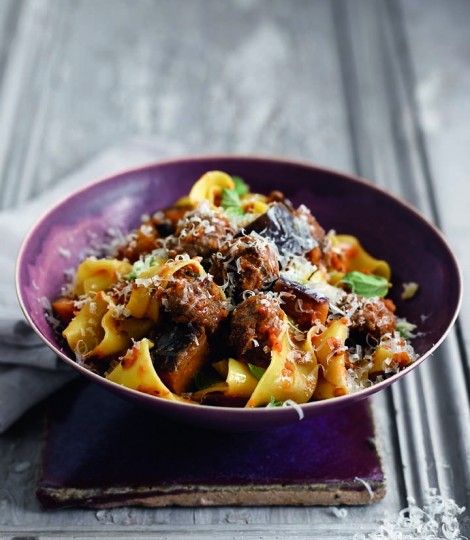 Aubergine ragu with meatballs and pappardelle Pappardelle Recipe, Aubergine Recipe, Ragu Recipe, Pappardelle Pasta, Lamb Meatballs, Recipes Delicious, Delicious Magazine, Minced Meat, Eggplant Recipes