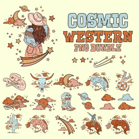 Punchy Tattoos, Pony Gold, Space Western, Cosmic Cowgirl, Coloring Posters, Retro Sublimation, Space Cowgirl, Retro Space, Western Aesthetic