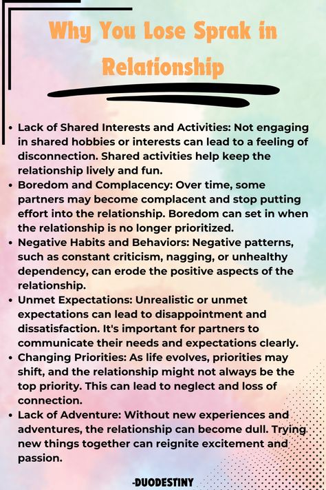 Explore the common reasons why the spark may be fading in your relationship. From routine and lack of communication to stress and unmet expectations, understanding these factors can help you reignite the passion and connection with your partner. #RelationshipAdvice #RelationshipTips #MaintainTheSpark #LoveAndConnection #HealthyRelationships #RelationshipGoal Lack Of Communication Relationships, Unmet Expectations, Lack Of Communication, Meaningful Love Quotes, Communication Relationship, Relationship Psychology, Love Advice, The Spark, The Passion