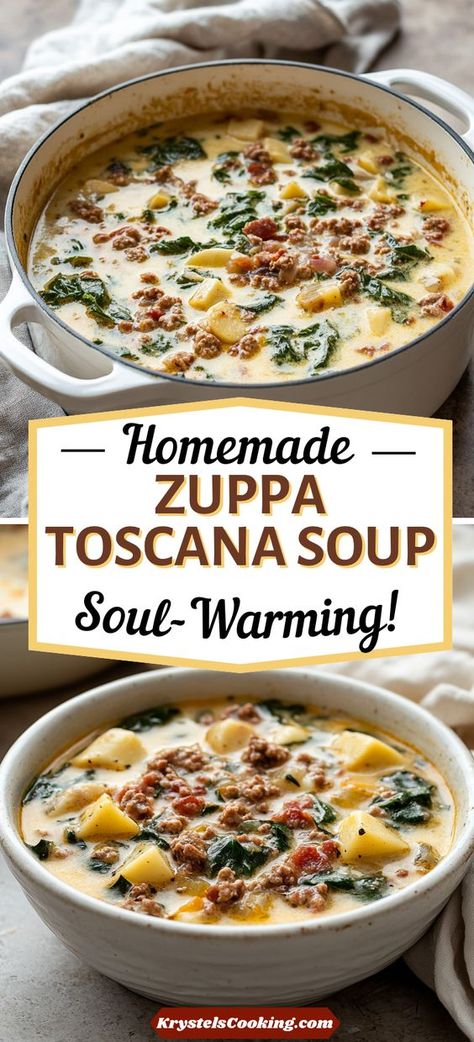 Homemade Zuppa Toscana Soup: Enjoy this easy Olive Garden-inspired soup recipe. Packed with kale and sausage, it’s a delicious and comforting stovetop dish! Zuppa Toscana Recipe, Slow Cooker Zuppa Toscana, Crockpot Zuppa Toscana, Sausage Soup Recipes, Zuppa Toscana Soup, Tuscan Soup, Toscana Soup, Comfort Soup Recipes, Crockpot Soups