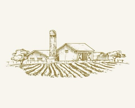 Farm Drawing Simple, Rural Illustration, Farm Sketch, Farm Tattoo, Farm Drawing, Barn Drawing, Buildings Landscape, Farm Illustration, Sketch Landscape