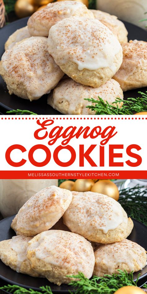 Get ready for some easy holiday baking from scratch! Soft with a sweet and creamy eggnog glaze, these are one of the best Christmas cookies ever. Save this pin and enjoy a batch of this eggnog cookie recipe today! Best Eggnog Cookies, Eggnog Cut Out Cookies, Eggnog Cutout Cookies, Eggnog Bars Recipe, Eggnog Snowball Cookies, Egg Nog Icing, Soft Eggnog Cookies, Gingerbread Eggnog Cookies, Egg Nog Sugar Cookies