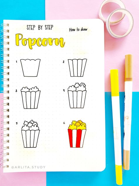 How To Draw Popcorn, Corn Drawing, Doodle Tutorial, Draw Food, Draw Doodles, How To Draw Steps, Origami Patterns, Vision Board Inspiration, Journal Writing Prompts