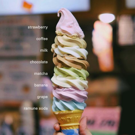 Now I want to go to ANAKJAJAN. Just look at that 8 layer ice cream, it looks marvelous and delicious!! #japan Serve Ice Cream, Soft Serve Ice Cream, Milk Shakes, An Ice Cream, Ice Cream Shop, Japan Food, Soft Serve, Frozen Treats, Ice Cream Recipes