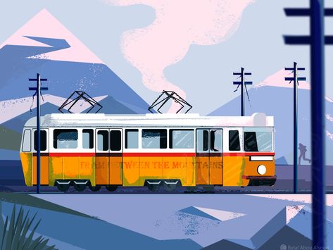 Tram between the mountains Tram Illustration, Brainstorm Map, Train Illustration, Train Drawing, Back On Track, Motion Graphics, The Mountain, Fantasy Art, Motion