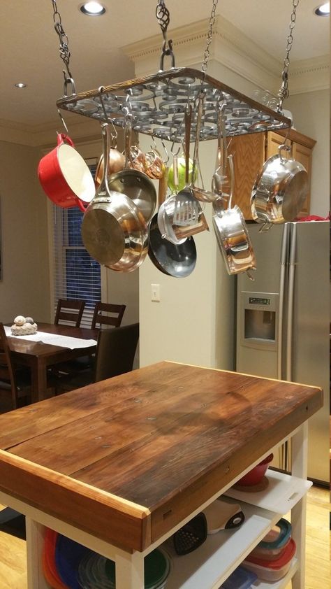 Kitchen Island Pot Rack, Rustic Pot Racks, Barndominium Kitchen, Island With Stove, Kitchen Island With Stove, Island Countertop, Kitchen Island Storage, Unique Kitchen Design, Rustic Pots