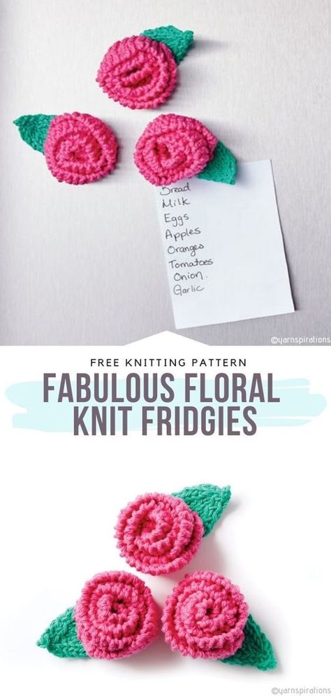 Fabulous Floral Knit Fridgies Free Knitting Pattern  Crochet these tiny flowers to realize that your fridge has never looked so beautiful! Adorable and very practical, this design will give you so much pleasure and joy. All you have to do is decide what colors you want to use for your version of these blooming wonders.  #knitflower #knitfridgies #freeknittingpattern Knit Flower Pattern, Knitted Flower Pattern, Small Crochet Gifts, Kids Knitting, Xmas Gift Wrap, Chirstmas Gift, Gifts Crochet, Crochet Xmas, Easy Crochet Patterns Free