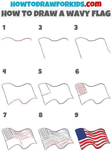 Learn how to draw a wavy flag in just nine very simple steps quickly and easily. You will like this guide because it is very useful. Waving Flag Drawing, Kalayaan Drawing, Flag Gif, American Flag Waving, Wavy Flag, Flag Drawing, Flag Animation, Waving Flag, Rock Painting Patterns