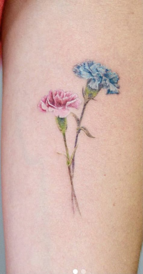 Carnation Flower Tattoo Color, Watercolor Carnation Tattoo, Purple Carnation Tattoo, Rose Blooming Tattoo, Pink Carnation Tattoo, Carnations Tattoo, Grandchildren Tattoos, Carnation Flower Tattoo, Red Bird Tattoos