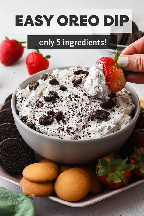 You only need five simple ingredients to make this easy Oreo dip! Loaded with cream cheese, whipped cream, and crushed Oreo cookies, this sweet dip is perfect for dipping strawberries, nilla wafers, and more. | www.persnicketyplates.com Work Potluck Ideas Easy Simple, Cake Mix Dip, Dipping Strawberries, Cheese Dip Recipes Easy, Oreo Dip, Cream Cheese Whipped Cream, Sweet Dip, Easy Dessert Dips, Dessert Dip Recipes