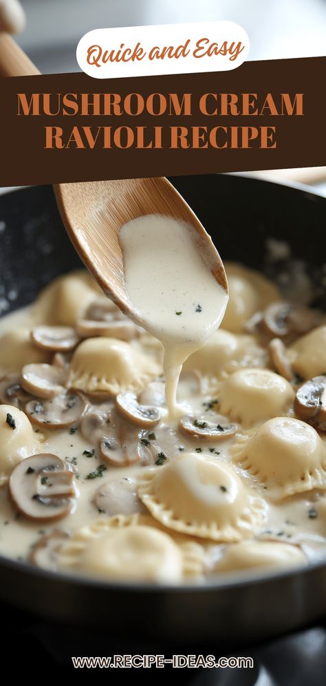 Try this delightful ravioli with mushroom cream sauce that's rich in flavor and comforting. Perfect for family dinners or a romantic night in. This recipe guides you step-by-step in making homemade ravioli stuffed with delicious mushrooms, bathed in a creamy sauce that’s seasoned to perfection. By combining simple ingredients, you can create a magnificent meal that impresses. Serve it along with a side salad or some garlic bread to complete your dinner experience. This lovely mushroom cream ravioli will surely become a favorite at your table! Cream Sauce Ravioli, Mushroom Cream Sauce Pasta, Creamy Mushroom Ravioli, Mushroom Ravioli Recipe, Homemade Pasta Dishes, Vegan Ravioli, Mushroom Cream Sauce, Cream Sauce Pasta, Mushroom Ravioli