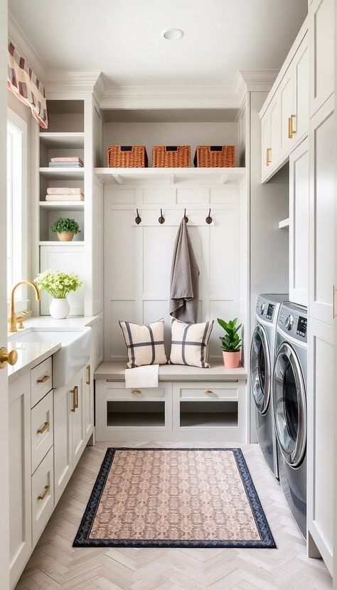 Transforming your mudroom into a stylish yet functional space can elevate your home’s aesthetic while enhancing its practicality. Laundry Room With Mud Bench, Staircase Laundry Room, Small Laundry Room Off Garage, Narrow Laundry Mudroom, Laundry Room With Closet Storage, Mudroom Utility Room, Mudroom Laundry Room Entryway, Mud Rooms With Laundry, Small Laundry Room Mudroom Combo