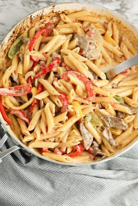 Steak Fajita Pasta, Fajita Pasta Recipe, Steak Peppers, Fajita Pasta, Strip Steak Recipe, Oven Roasted Sweet Potatoes, Chicken Fajita Pasta, Steak And Onions, Fajita Vegetables